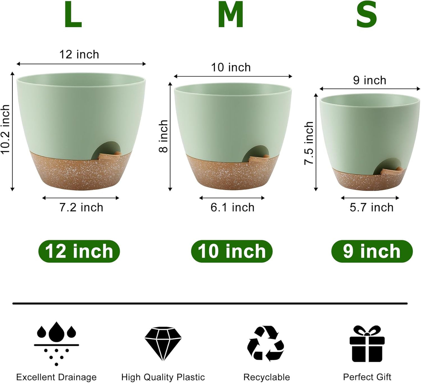 QRRICA Plant Pots 10/9/8/7.5/7 Inch Self Watering Pots, Set of 5 Plastic Planters with Drainage Holes and Saucers,Plastic Flower Pots,Nursery Planting Pot for Indoor Out Door Plants（Green）