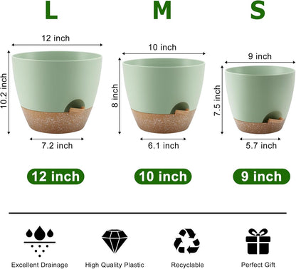 QRRICA Plant Pots 10/9/8/7.5/7 Inch Self Watering Pots, Set of 5 Plastic Planters with Drainage Holes and Saucers,Plastic Flower Pots,Nursery Planting Pot for Indoor Out Door Plants（Green）