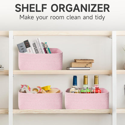 3-Pack Small Storage Baskets for Organizing | Woven Shelf Toy Basket | Rope Baskets for Gifts Empty | Closet Organizer Bins with Handles | Cube Decorative Box | 11.8×7.8×5.1” | Mixed brown