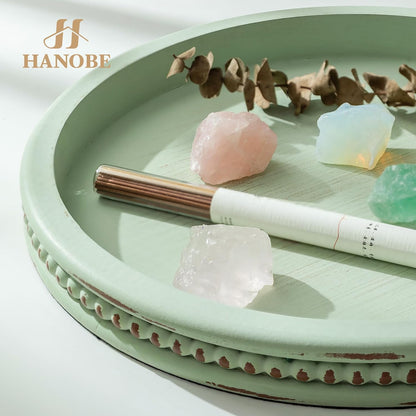 Hanobe Round Wooden Decorative Tray: White Washed Bead Tray Decor for Coffee Table Centerpiece Rustic Farmhouse Tray for Kitchen Counter Living Room Decoration