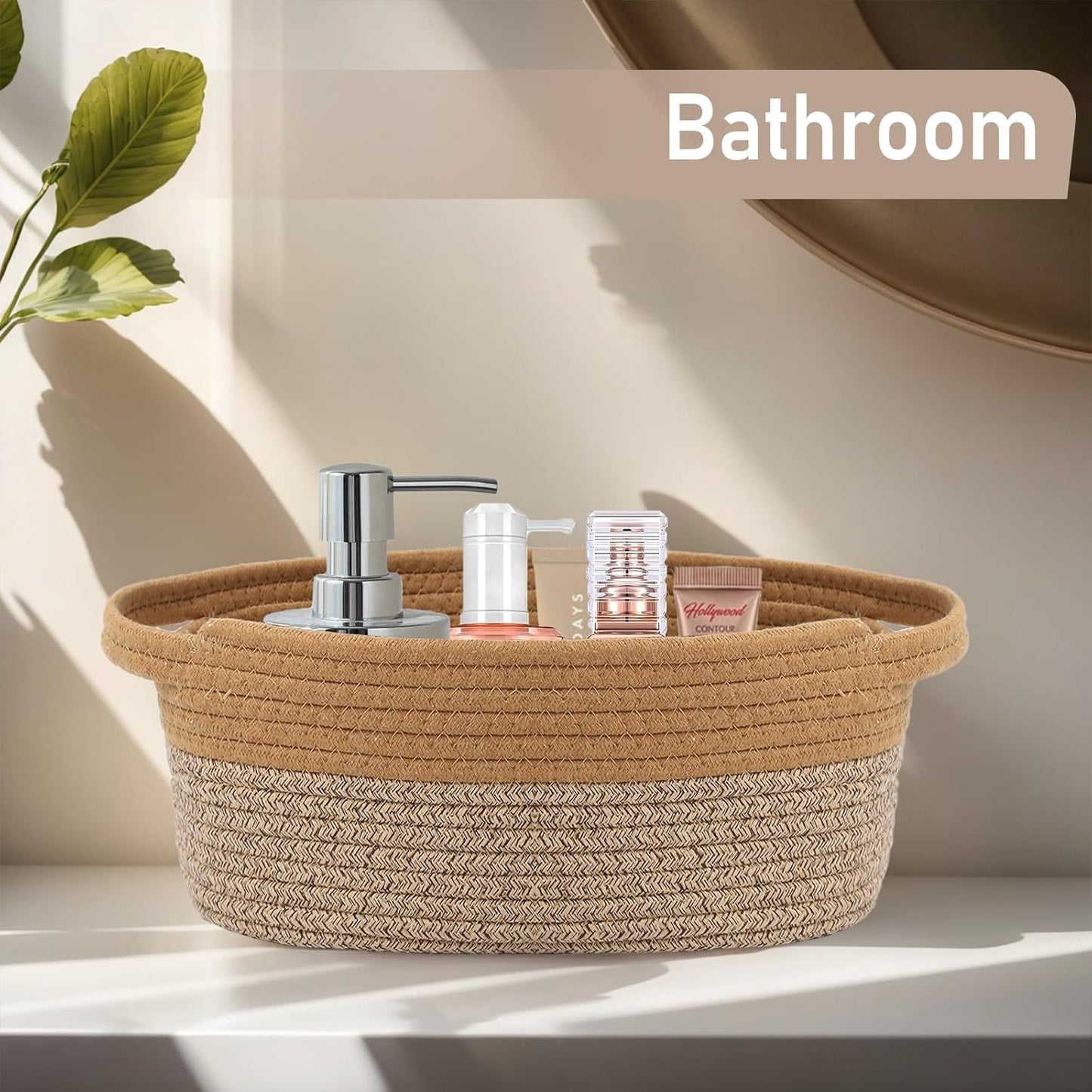 JMvicyroam Woven Basket,Small Rope Storage Bin with Handles & Ribbon Bag, Organizer for Shelves Closets,Gift Basket Empty for Birthday,Books,Dog Toys,White