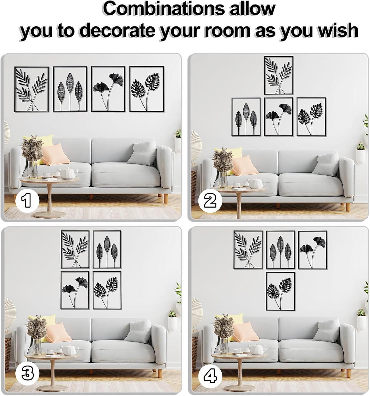 QXSXKJ Black Metal Wall Decor Framed, 3d Modern Metal Wall Art with Light, Minimalist Abstract Black Line Art DéCor, 4 Piece Home Art for Living Room Bedroom Bathroom