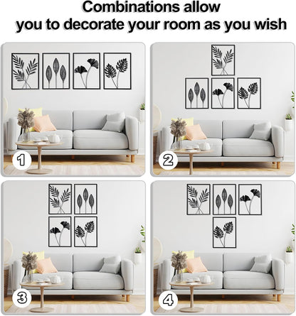 QXSXKJ Black Metal Wall Decor Framed, 3d Modern Metal Wall Art with Light, Minimalist Abstract Black Line Art DéCor, 4 Piece Home Art for Living Room Bedroom Bathroom