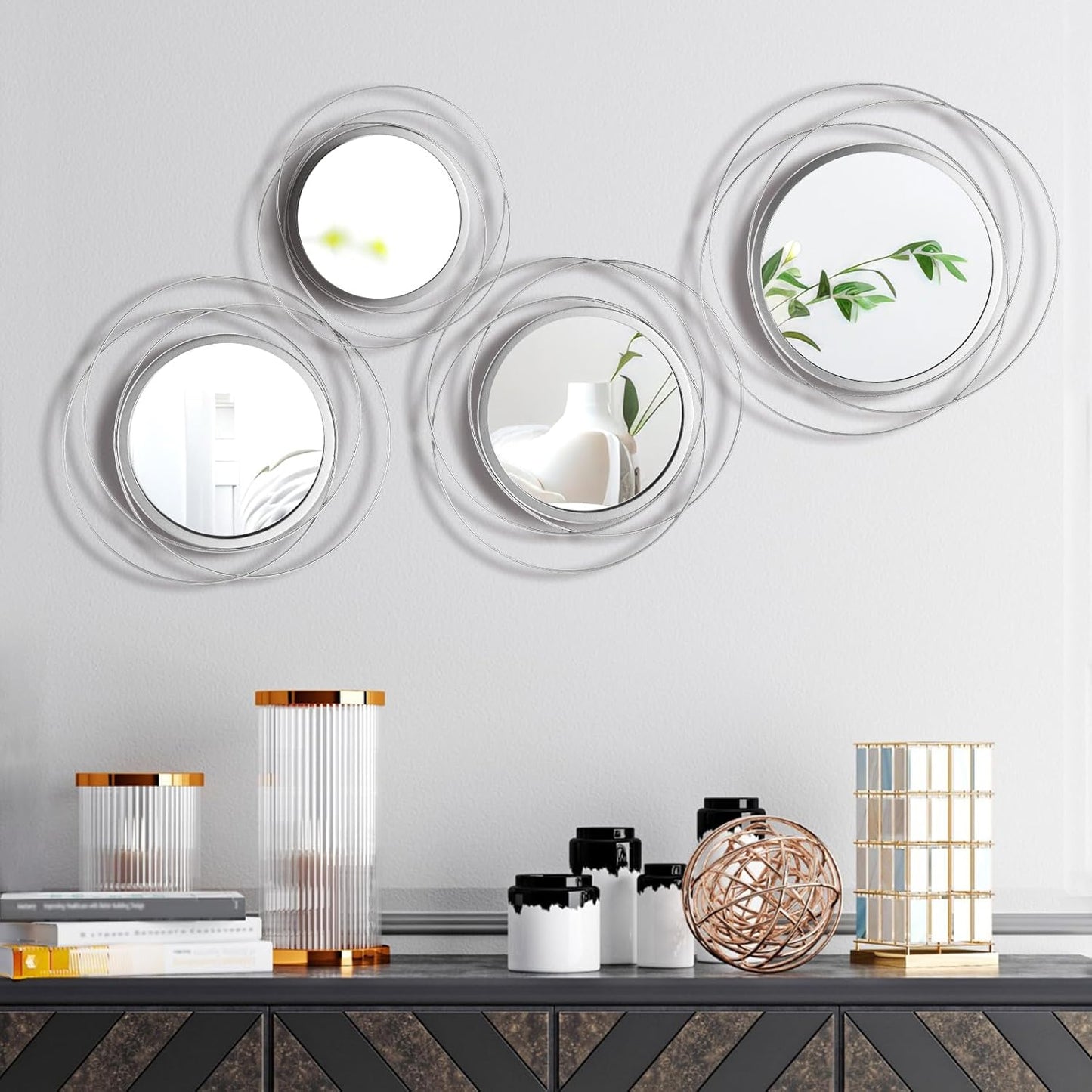 Hicarer 4 Pcs Decorative Wall Mirror Round Modern Circle Mounted Mirror Metal Wall Art Decor for Bedroom Living Room Entryway Dining Room Hallway(Gold)