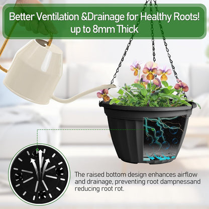 FGstyle Hanging Planters 10 Inch, 4 Pcs Self Watering Pots for Indoor Plants,Plastic Hanging Basket with Soil Elevator and 20" Chain for Home Garden Porch Balcony Patio Decor(Black)
