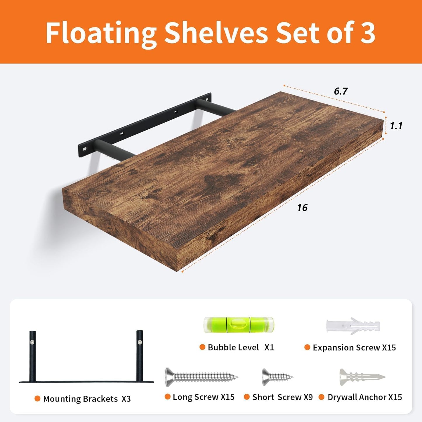 Upassion White Floating Shelves - Set of 3, 16" Wall Mounted Shelves for Home Decor, Living Room, Bedroom, Bathroom, Kitchen