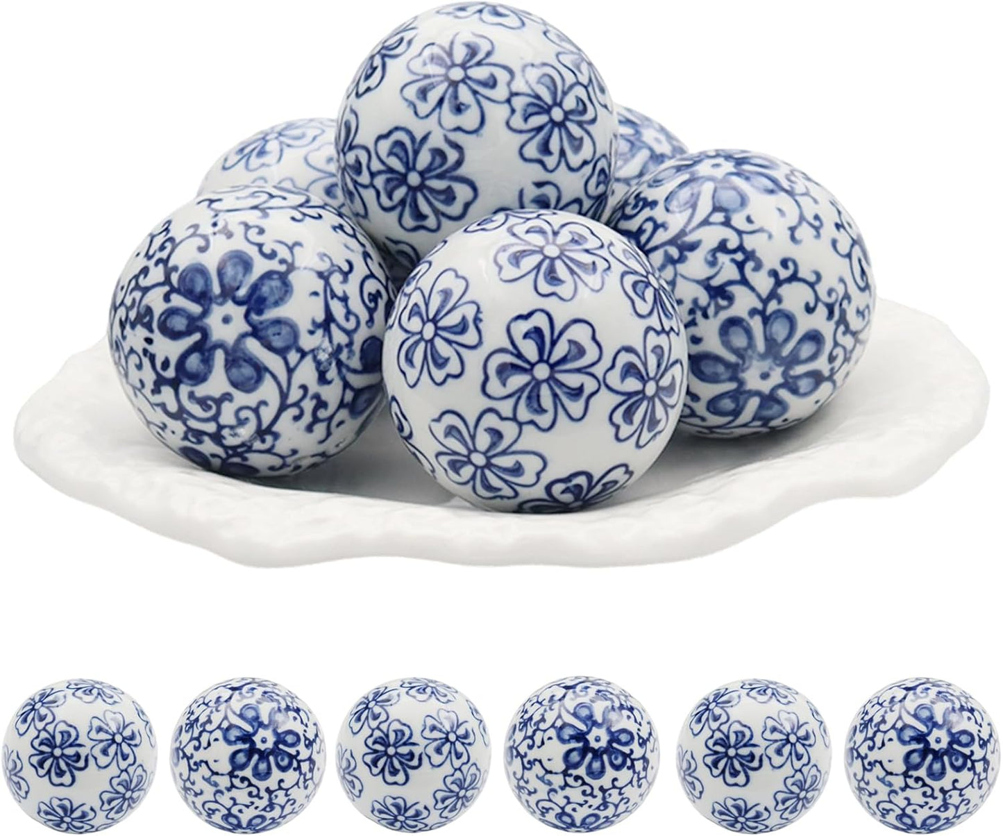 6 Pcs Decorative Blue Balls Chinoiserie Blue and White Ceramic Balls for Centerpiece Bowls Farmhouse Basket Tray Vases Decoration Gifts for Dining Table Holiday(A)