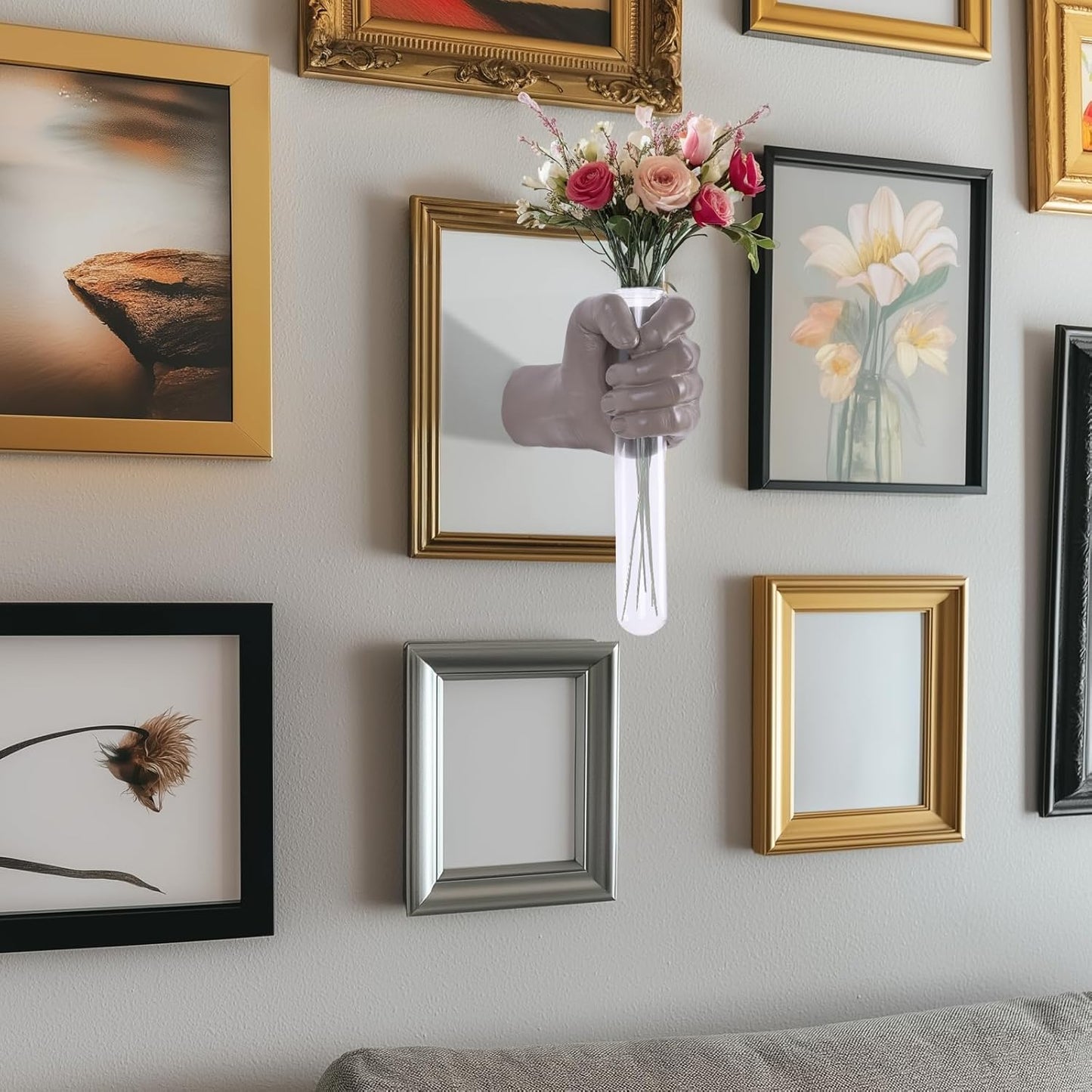 Gold Wall Sculptures, Hand Vases Home Decor, Wall Mount Art Sculpture, Unique Wall Art Statue, Funky Flower Vase Decorations, Modern Eclectic Hanging Decor,Glass Test Tube Vase