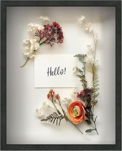 FrameWorks 11” x 14” Dark Oak Wooden Shadow Box Frame – Display Case with Soft Felt Back, Memory Box with Tempered Glass, Display Box with Elegant White Ball Push Pins, Wooden Flower Box
