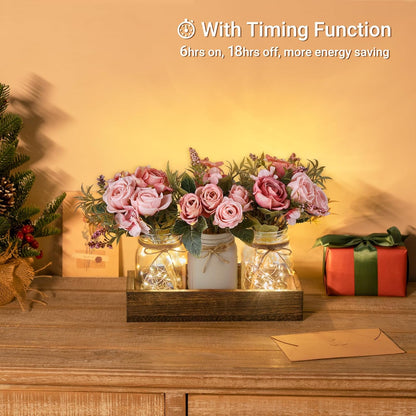 Mkono Mason Jar Lights Centerpiece Table Decor for Dining Room Farmhouse Wood Tray with 3 Jars Flowers Valentines Day Decoration for Coffee Table Kitchen Living Room Wedding