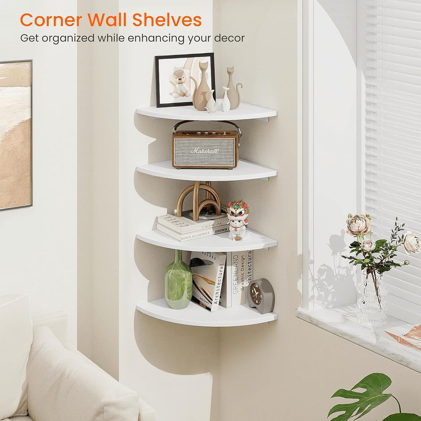 Homode Corner Wall Shelf, 12 in Wide Rounded Corner Shelf Floating, Set of 2 Wooden Hanging Corner Shelves with Wire Hole for Bathroom Living Room Office, White
