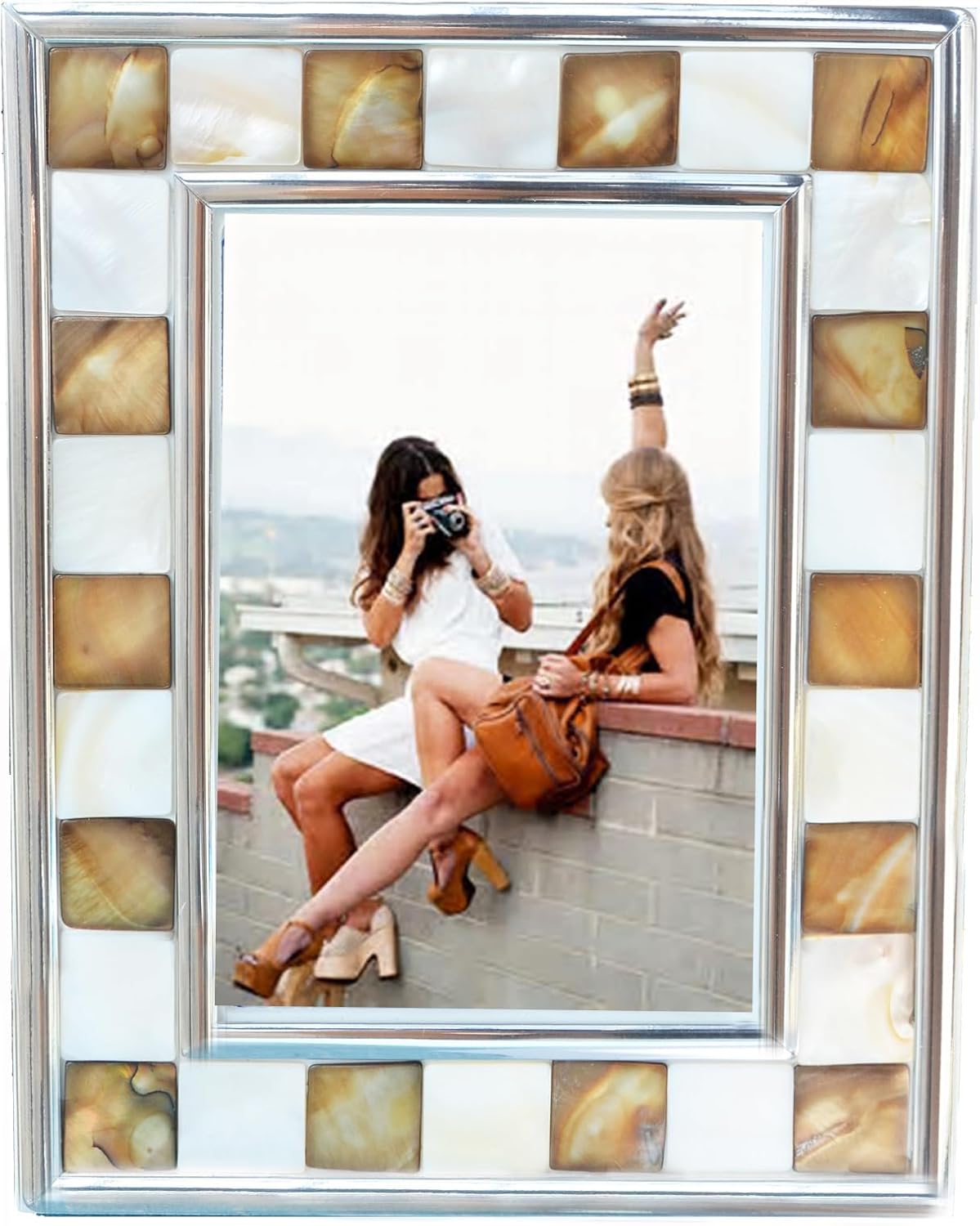 Silver Plate Picture Frame 5x7 Mother of Pearl 5 by 7 Photo Frame Mosaic Glass Tabletop Frame (Grey+ White,1pc)