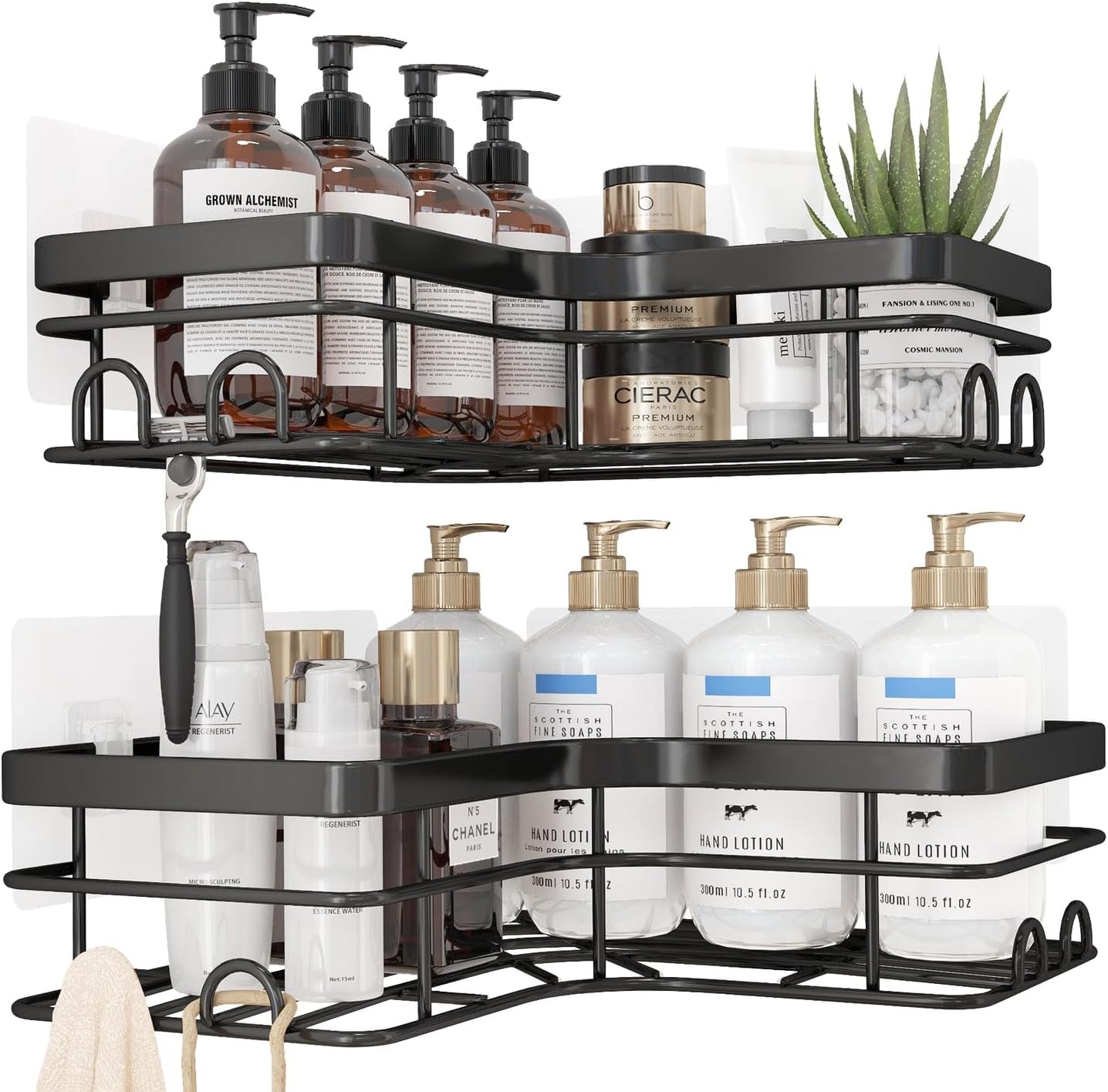 Sakugi Corner Shower Caddy - 2 Pack, Adhesive Shower Organizers, Rustproof Stainless Steel Shower Shelves with 8 Hooks, No Drilling Bathroom Organizers and Storage Racks, Space-Saving, Black, Medium