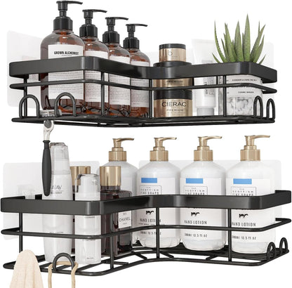 Sakugi Corner Shower Caddy - 2 Pack, Adhesive Shower Organizers, Rustproof Stainless Steel Shower Shelves with 8 Hooks, No Drilling Bathroom Organizers and Storage Racks, Space-Saving, Black, Medium