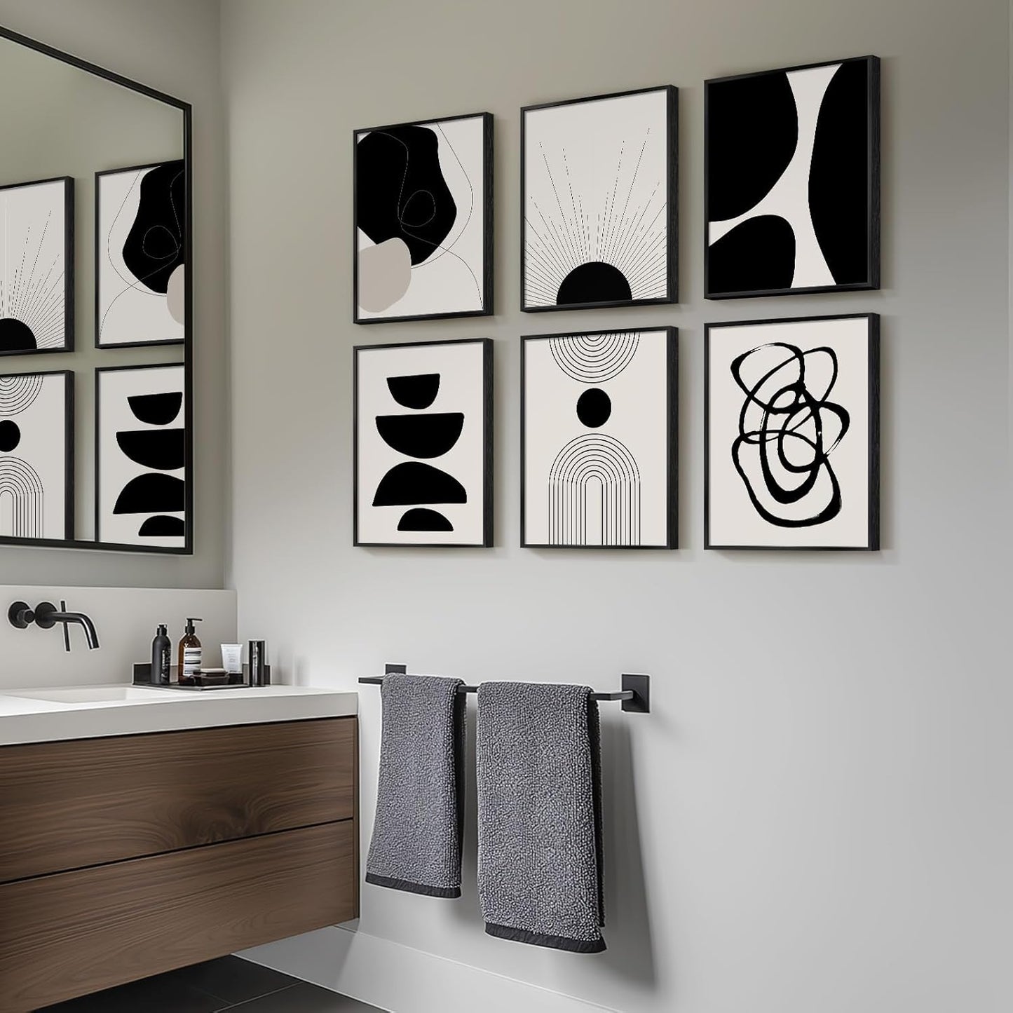 Framed Boho Black and White Brown Modern Abstract Wall Art for Living Room, Set of 6 Bohemian Wall Hanging Artwork, Minimalist Sun Geometric Pictures for Bedroom Office Bathroom Wall Decor 11x14 Inch