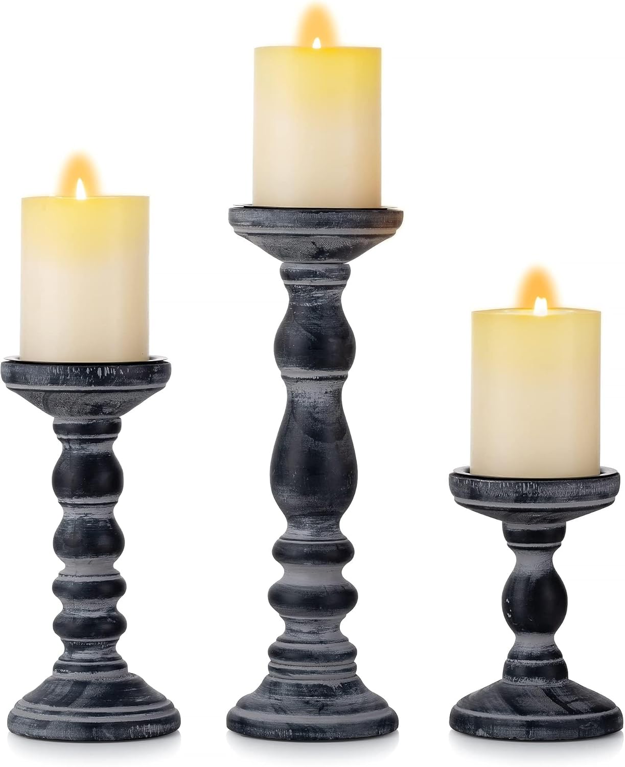 Wood Pillar Candle Holder: 3Pcs Rustic White Candle Holders for Pillar Candles Wood Candle Holders Distressed Wooden Farmhouse Candle Holder Large Rustic Candle Holder for Fireplace Table