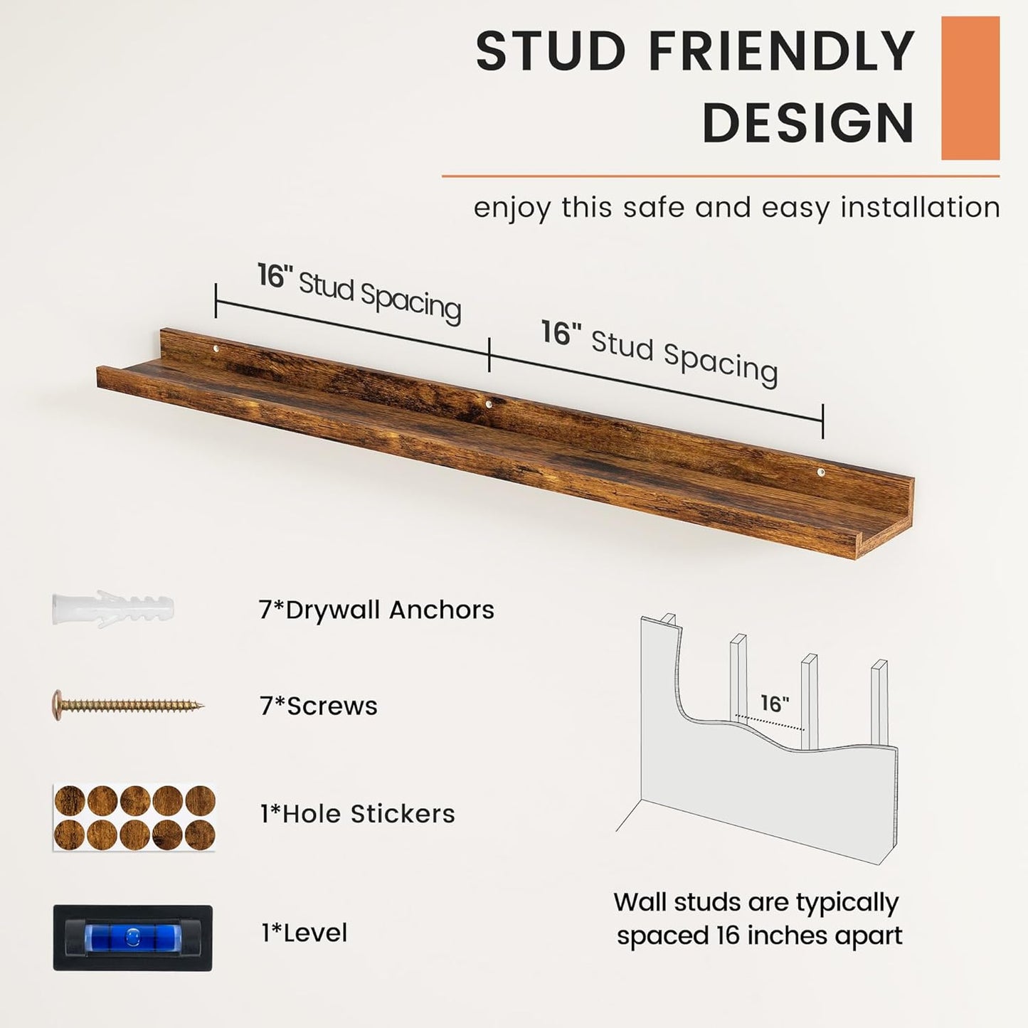 FLYJOE Picture Ledge Shelf, Floating Shelves Set of 2, 48 Inches Long Large Nursery Book Shelves for Toys Storage, Kids Bookshelf Wall Mounted for Living Room Bedroom Decor Books Photo Frames, Walnut