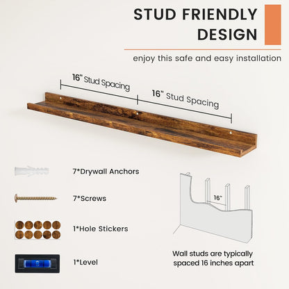 FLYJOE Picture Ledge Shelf, Floating Shelves Set of 2, 48 Inches Long Large Nursery Book Shelves for Toys Storage, Kids Bookshelf Wall Mounted for Living Room Bedroom Decor Books Photo Frames, Walnut