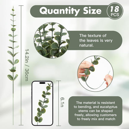 18pcs Eucalyptus Stems Greenery Stems Fake Leaves Artificial Flowers Bouquet Faux Branches Centerpiece Flores Plants for Home Party Decor Wedding Decoration
