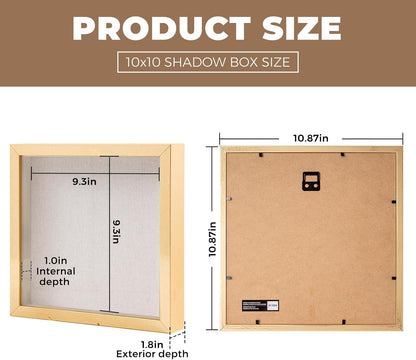 Muzilife 8x8 Shadow Box Picture Frame with Linen Board - Deep Wood & Glass Display Case Ready to Hang Memory Box Baby Sports Memorabilia, Pins, Awards, Medals, Wedding, Tickets and Photos (Black)