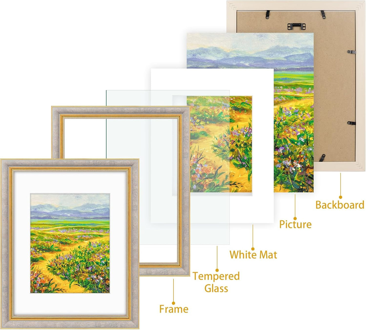 Golden State Art,11x14 Ornate Picture Frame for 8x10 Photo with Mat or 11 x 14 Prints without Mat,Real Glass Wall Display(Color:Green Gold)