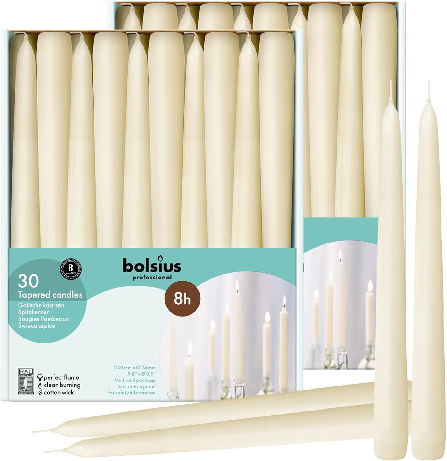 BOLSIUS Long Household Ivory Taper Candles - 10-inch Unscented Premium Quality Wax - 8 Hour Long Burning Dripless Candles Bulk Pack of 30 for Home Decor, Wedding, Parties and Special Occasions