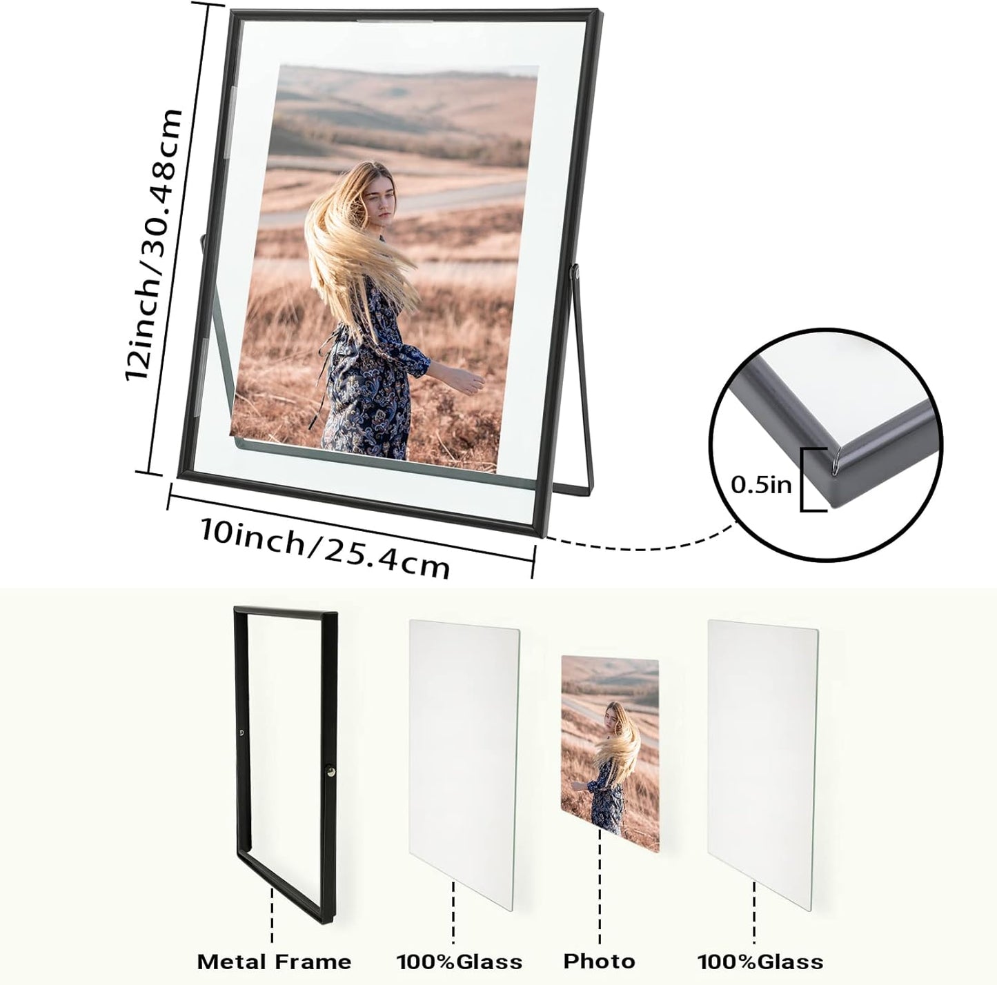Qiannhee 8x10 Floating Frames Set of 2, Double Glass Desktop Picture Frames, Holds Multiple Photo Sizes, Photo Frame with Metal Stand