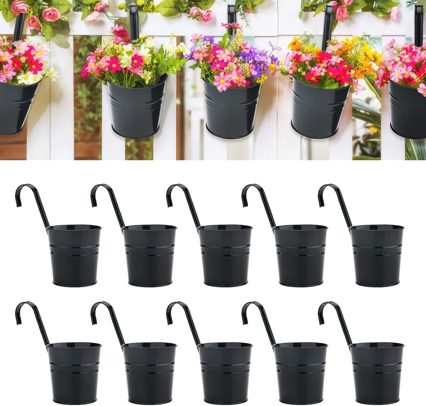 KINGLAKE Flower Pots,10 Pcs Metal Iron Hanging Flower Plant Pots Balcony Garden Plant Planter Baskets Fence Bucket Pot 4'' Flower Holders with Detachable Hook