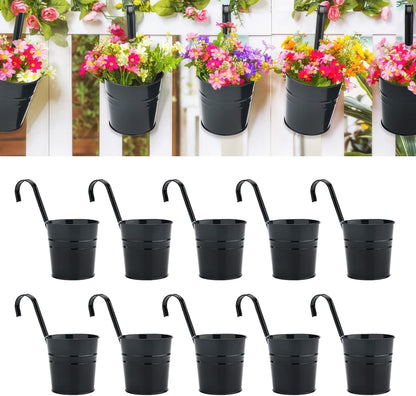 KINGLAKE Flower Pots,10 Pcs Metal Iron Hanging Flower Plant Pots Balcony Garden Plant Planter Baskets Fence Bucket Pot 4'' Flower Holders with Detachable Hook