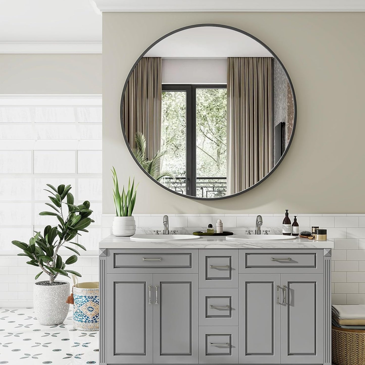 VooBang Large Black Round Bathroom Mirror, 48 inch Circle Wall Mounted Hanging Mirror with Simple Modern Circular Metal Frame for Hallway, Entryway, Living Room, Black Frame