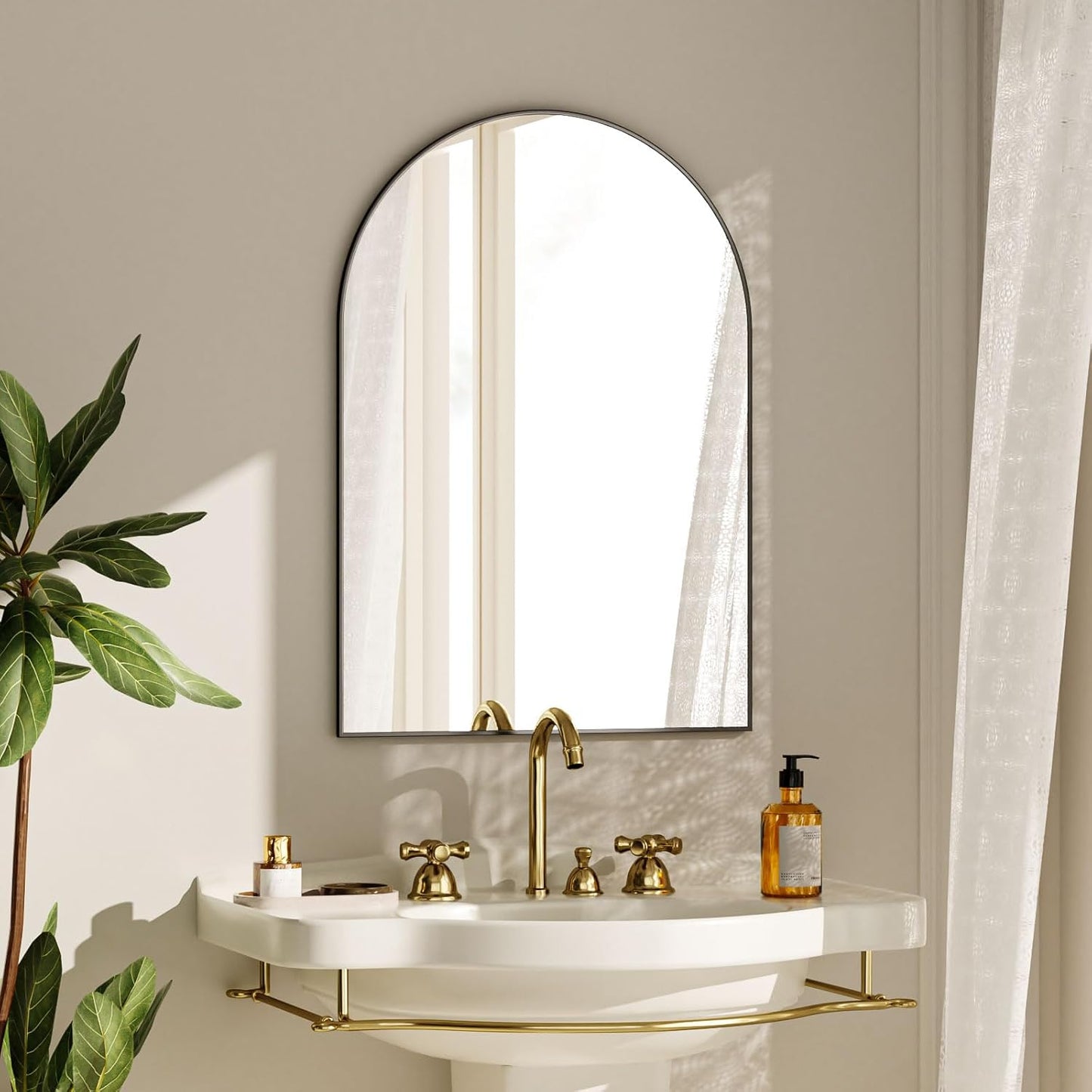 VooBang Arched Wall Mirror, 24 x 36 inch Arch Bathroom Mirror, Wall Mounted Vanity Mirror with Arch Metal Frame, Modern Bathroom Vanity Mirror for Bedroom, Living Room, Hanging or Leaning, Black