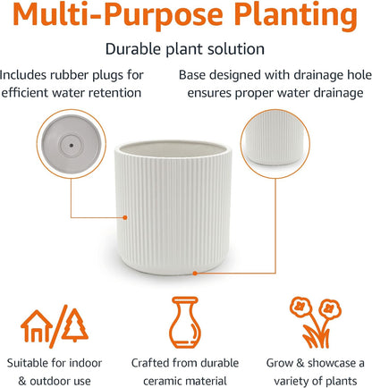 Amazon Basics Fluted Ceramic Round Planter with Drainage Hole, Indoor Outdoor Flower Pot, 10-inch, White