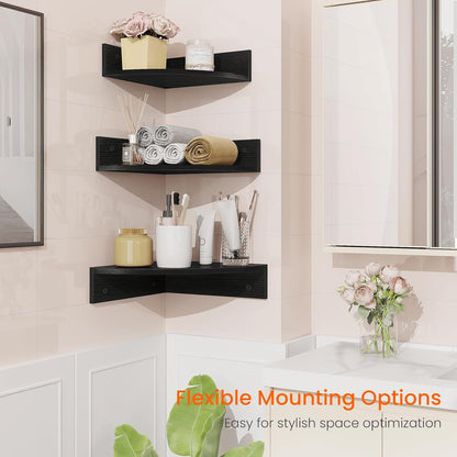 Homode Corner Shelf Wall Mount, Set of 3 Floating Corner Shelves with Cord Hole, 3 Tier Wood Wall Display Shelf, Storage for Bathroom Living Room Kitchen Bedroom, Rustic Brown and Black
