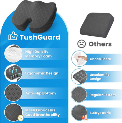 TushGuard Seat Cushion - Memory Foam Cushion for Office Chair, Car Seat, Airplane, Bleacher - Sciatica & Hip & Coccyx Pain Relief Desk Chair Cushion for Long Sitting Office Workers, Car Drivers