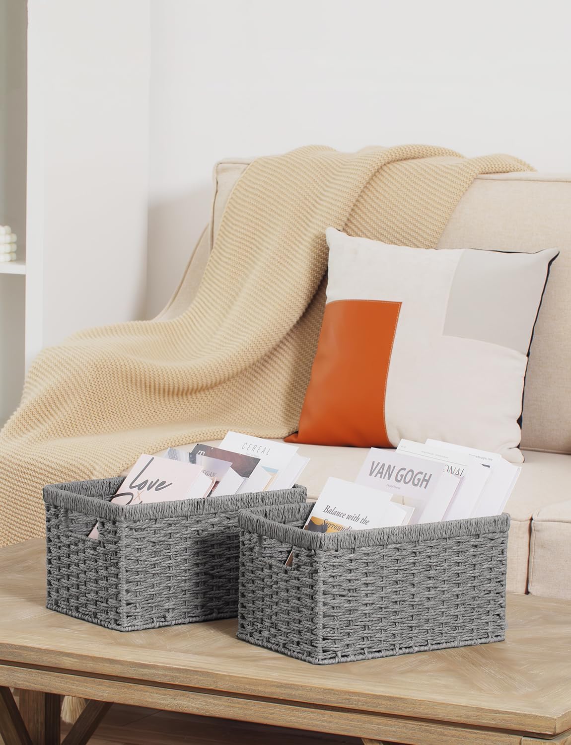 StorageWorks Wicker Basket, Baskets for Organizing, Storage Basket with Built-in Handles, Water Hyacinth Shelves (Medium 2-Pack, Natural Hyacinth)