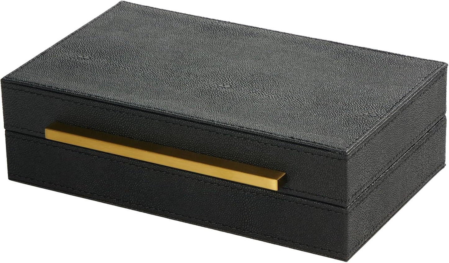 Sagala Set of 2 Ivory Shagreen Decorative Boxes With Brushed Gold Metal Handles, Faux Leather Jewelry Boxes Modern Storages Photo Memory Boxes Home Organizer Boxes (Ivory-Gold, 2pack)