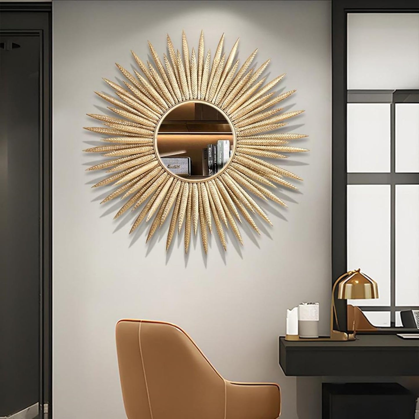homary Sunburst Wall Mirror, 33.7" Gold Accent Mirror with Embossed Metal Frame for Living Room, Entryway, or Bedroom Decor (1, Style-A)
