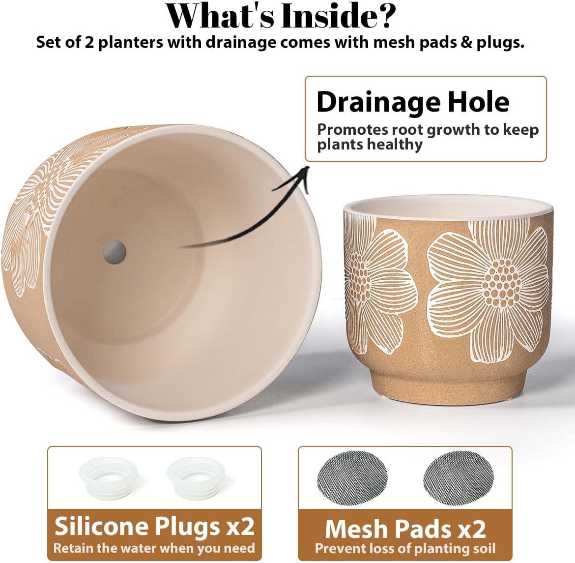 YBX 8 Inch + 6 Inch Ceramic Plant Pots, Succulent Flower Pots with Drainage Holes, Terracotta Planters for Indoor Plants, White&Terracotta (Garden)