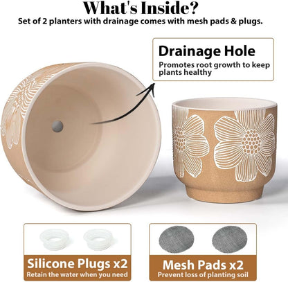 YBX 8 Inch + 6 Inch Ceramic Plant Pots, Succulent Flower Pots with Drainage Holes, Terracotta Planters for Indoor Plants, White&Terracotta (Garden)