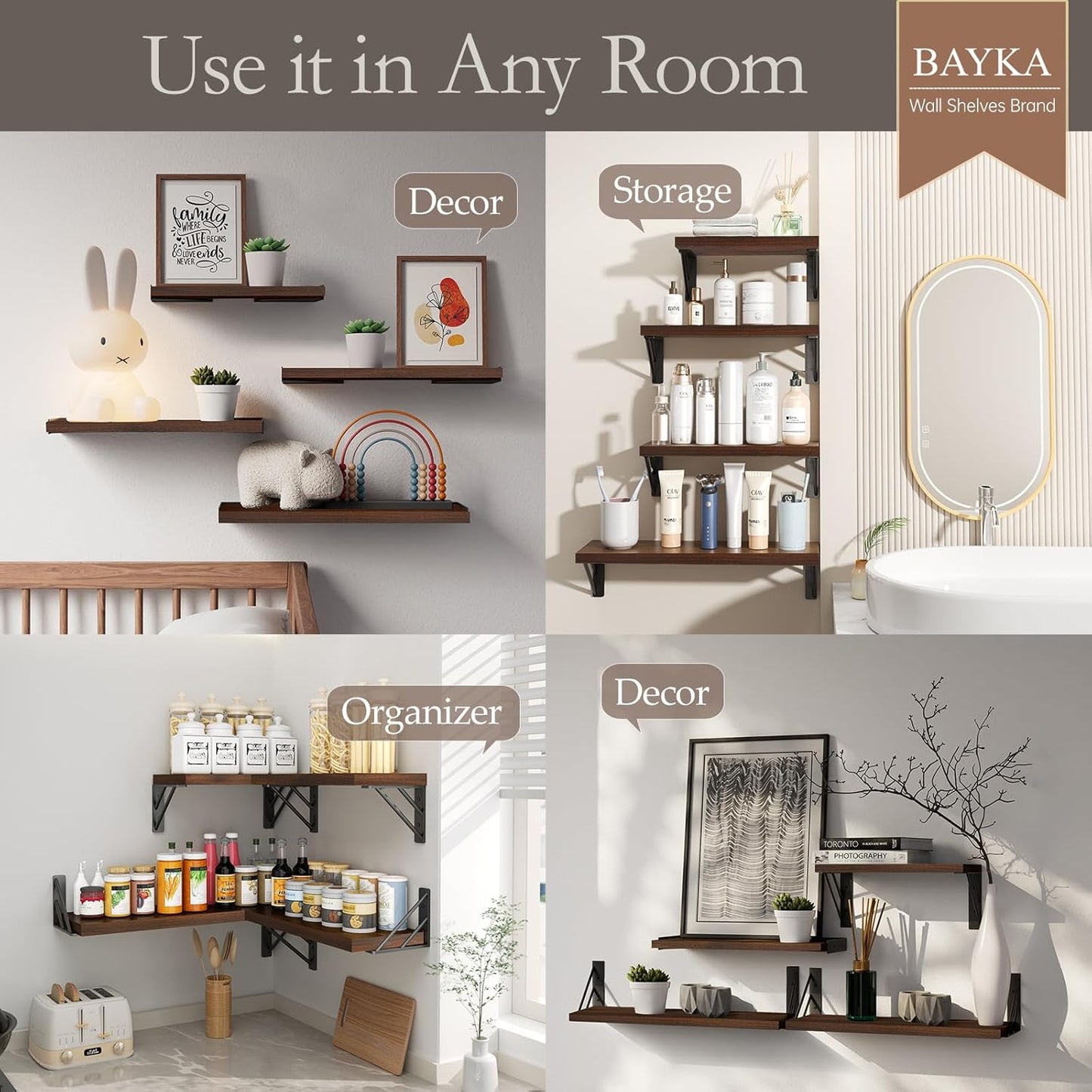 BAYKA Wall Mounted Floating Bathroom Shelves, Wood Wall Shelf for Bathroom Essentials & Decor, Space-Saving Display & Organizer (Black, Set of 4)