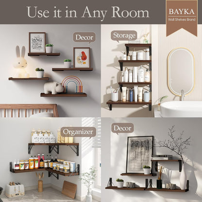 BAYKA Wall Mounted Floating Bathroom Shelves, Wood Wall Shelf for Bathroom Essentials & Decor, Space-Saving Display & Organizer (Black, Set of 4)