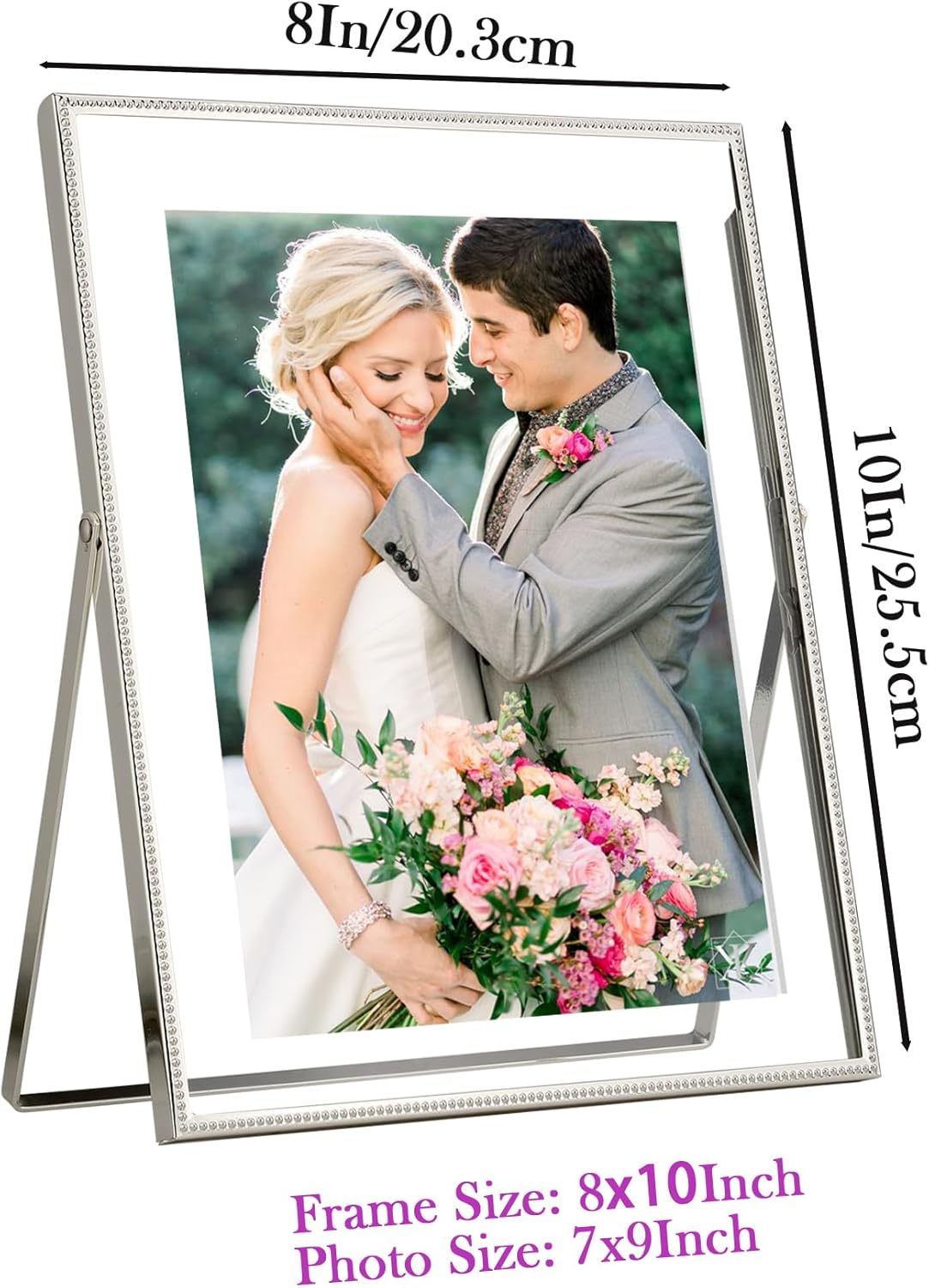 Gold 6x8'' Floating Photo Frame 2 Pack, Beaded Metal Frame Fits 3.5x5'', 4x6'' & 5x7'' Pictures, Adjustable Tabletop & Shelf Display, Elegant Wedding Gift for Home Decor
