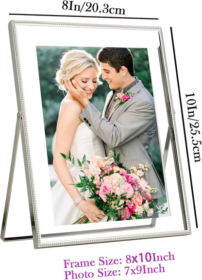 Gold 6x8'' Floating Photo Frame 2 Pack, Beaded Metal Frame Fits 3.5x5'', 4x6'' & 5x7'' Pictures, Adjustable Tabletop & Shelf Display, Elegant Wedding Gift for Home Decor