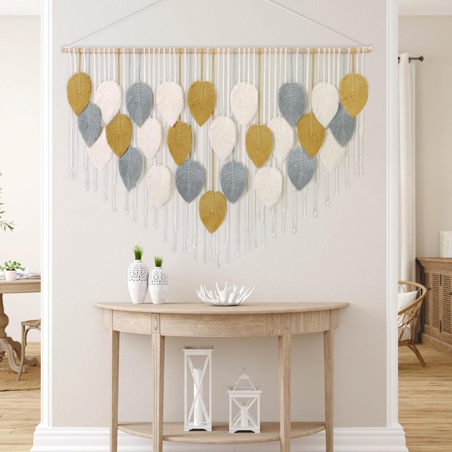 LOMOHOO Macrame Wall Hanging Boho Beige Leaves Tapestry Bohemian Handmade Woven Wall Art Decoration for Bedroom Living Room Apartment Dorm Gallery Perfect Handmade Gift Ideas