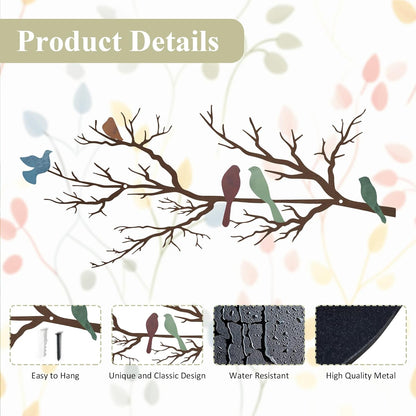 Metal Birds Wall Art, Metal Vivid Birds on Branch Silhouette Wall Decor Black Leaves with Bird Outdoor Hanging Wall Sculpture for Home Balcony Garden(Large)