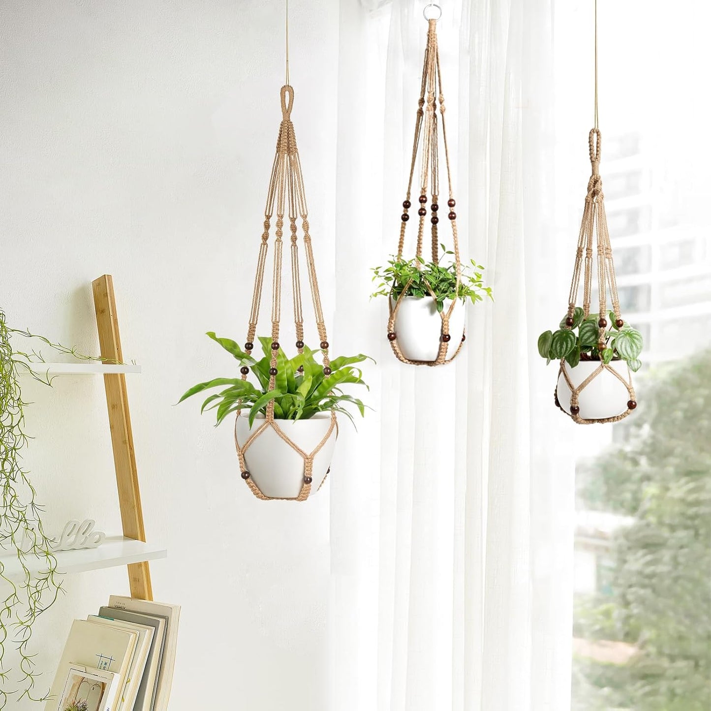 Mkono 3 Pack Macrame Plant Hangers Indoor Different Size Hanging Planter Basket Flower Pot Holder with Beads No Tassels 35"/29"/23", Medium, Brown