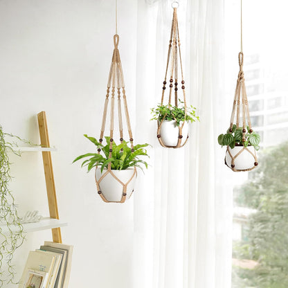 Mkono 3 Pack Macrame Plant Hangers Indoor Different Size Hanging Planter Basket Flower Pot Holder with Beads No Tassels 35"/29"/23", Medium, Brown