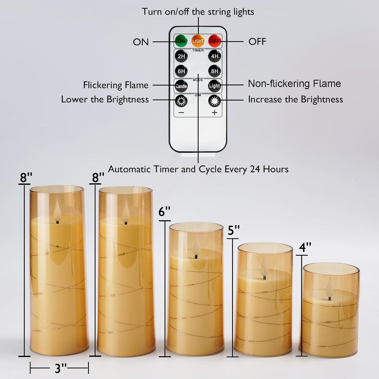 Homemory Flameless Candles with Embedded Star String Fairy Lights, Battery Operated Candles, LED Candle, Fake Candles with Remote Control and Timer for Halloween, Gray Acrylic, Set of 5(H4"5"6"8"8")