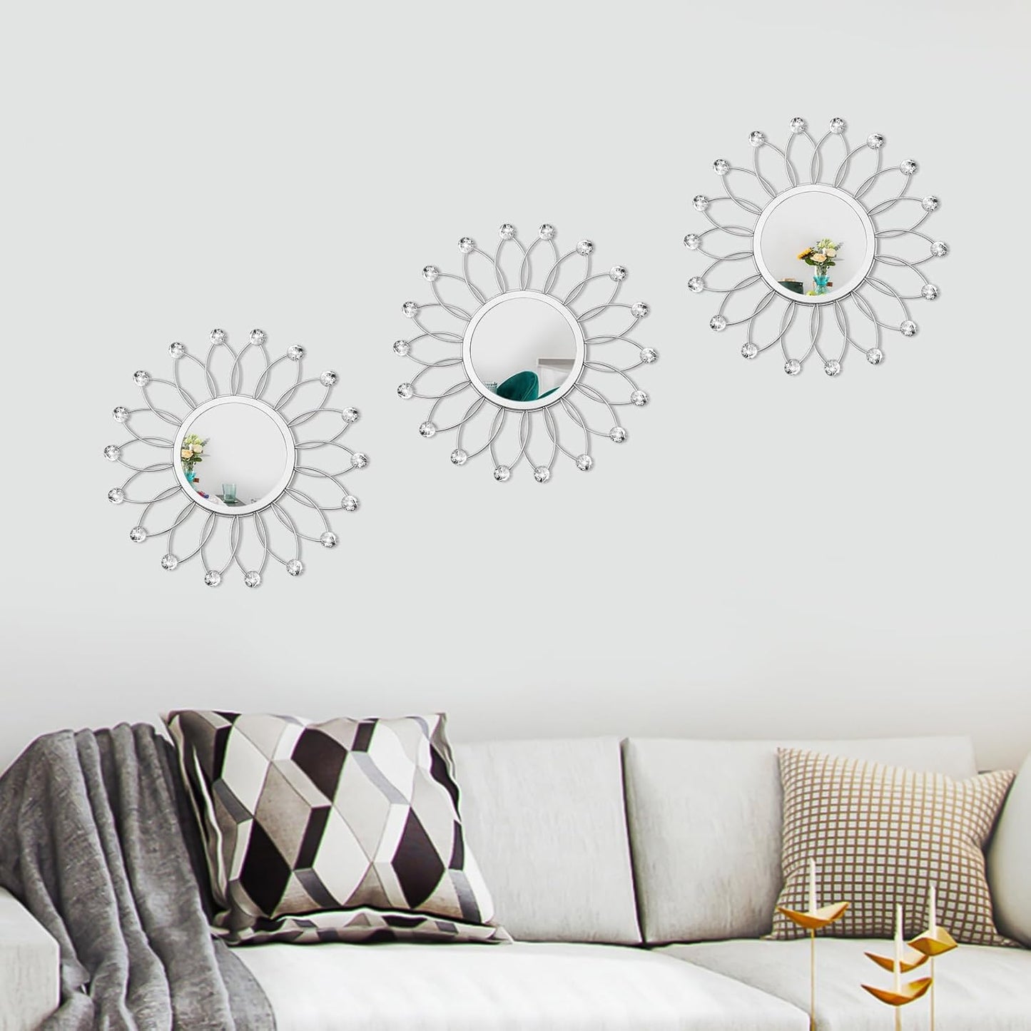 3 Pack Metal Mirrors for Wall Sunburst Wall Mirrors Home Décor Decorative Hanging Wall Art for Living Room Bedroom Entryway (Gold, Flower+Sunburst)