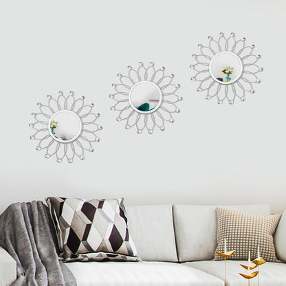 3 Pack Metal Mirrors for Wall Sunburst Wall Mirrors Home Décor Decorative Hanging Wall Art for Living Room Bedroom Entryway (Gold, Flower+Sunburst)